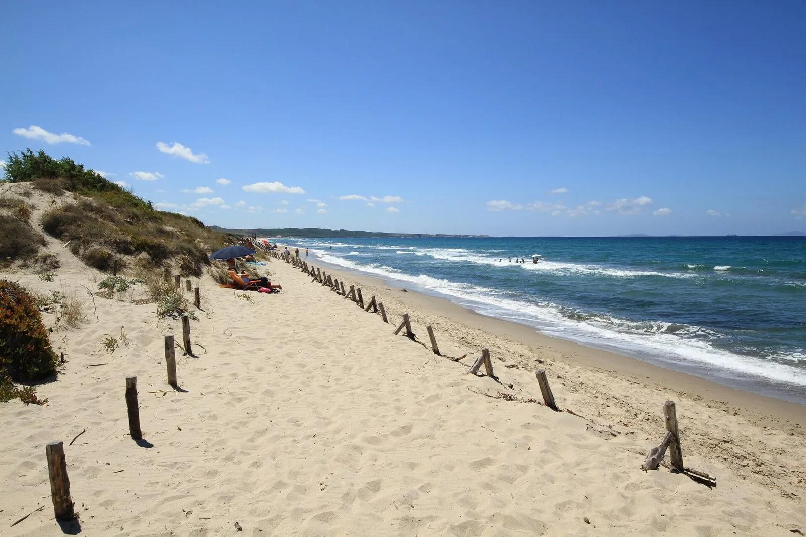 Spiaggia di Platamona con dune basse coperte di vegetazione, paletti di legno sulla sabbia chiara e mare mosso sotto un cielo azzurro